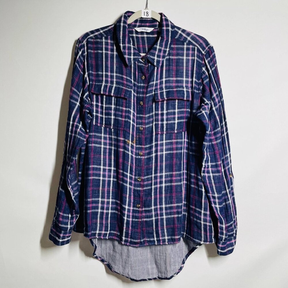 Great Northwest Indigo Womes Blue Purple Plaid Hi Low Double Layer Shirt XL